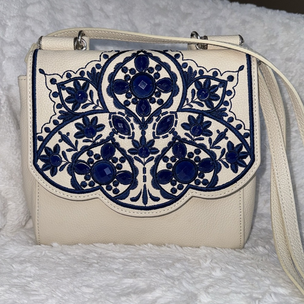 Brighton “MEENA” Cream Blue Jewel Leather Top-Handle Leather Crossbody P…